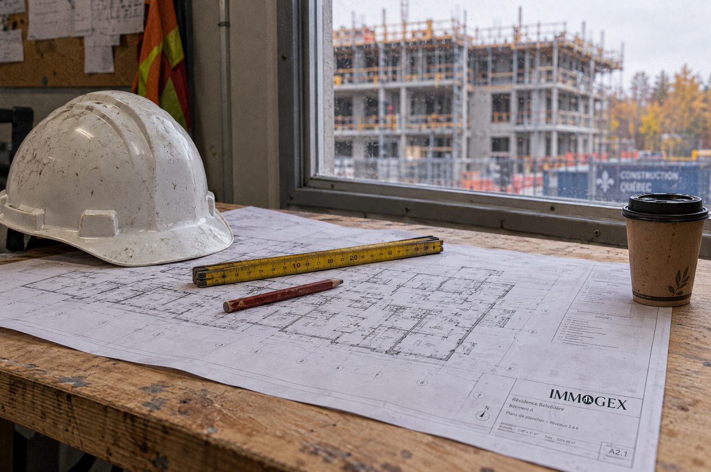 Plans d'un immeuble à logements et casque de chantier sur une table, devant un immeuble en construction
