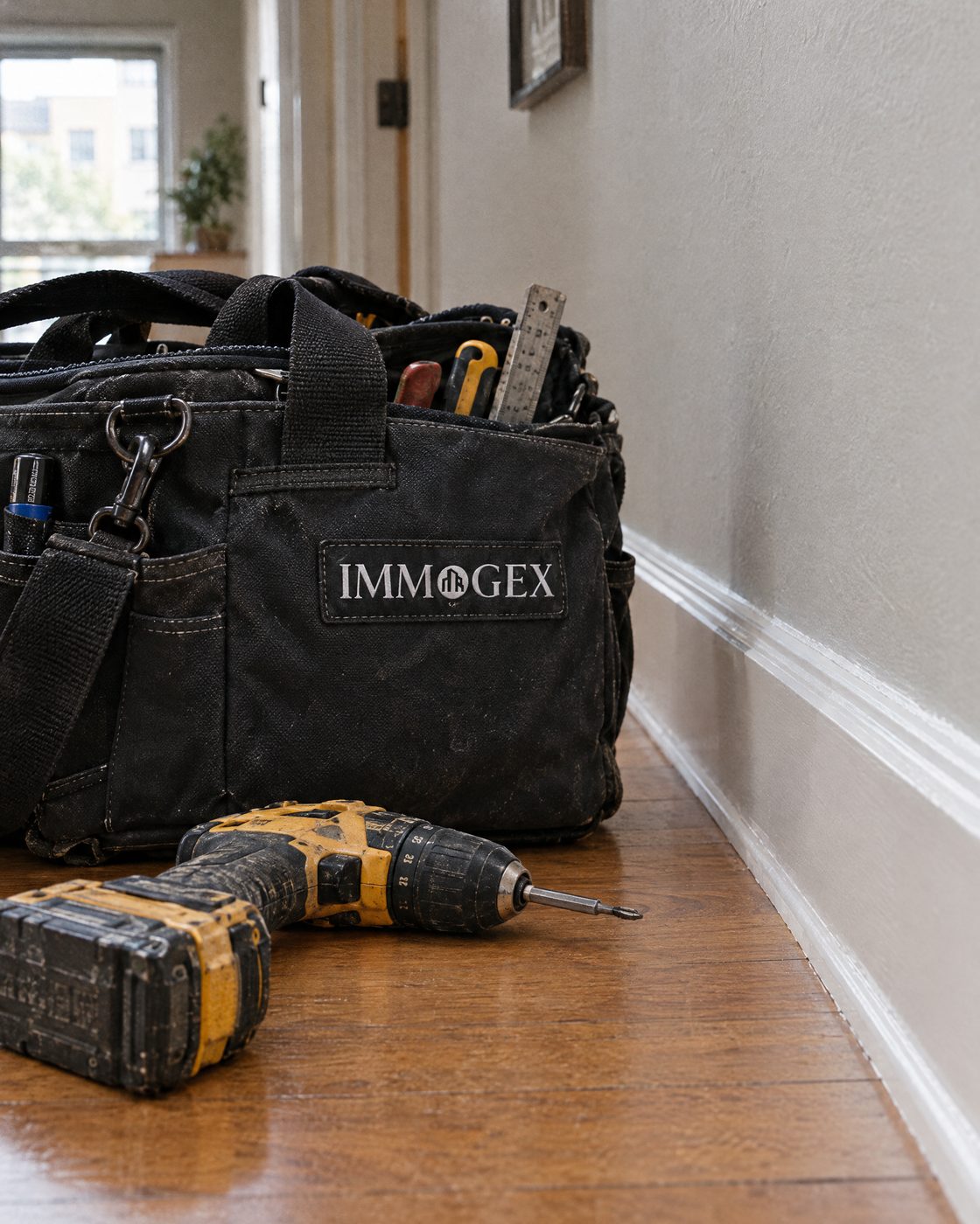 Sac à outils de l'équipe d'entretien Immogex et perceuse dans le corridor d'un logement