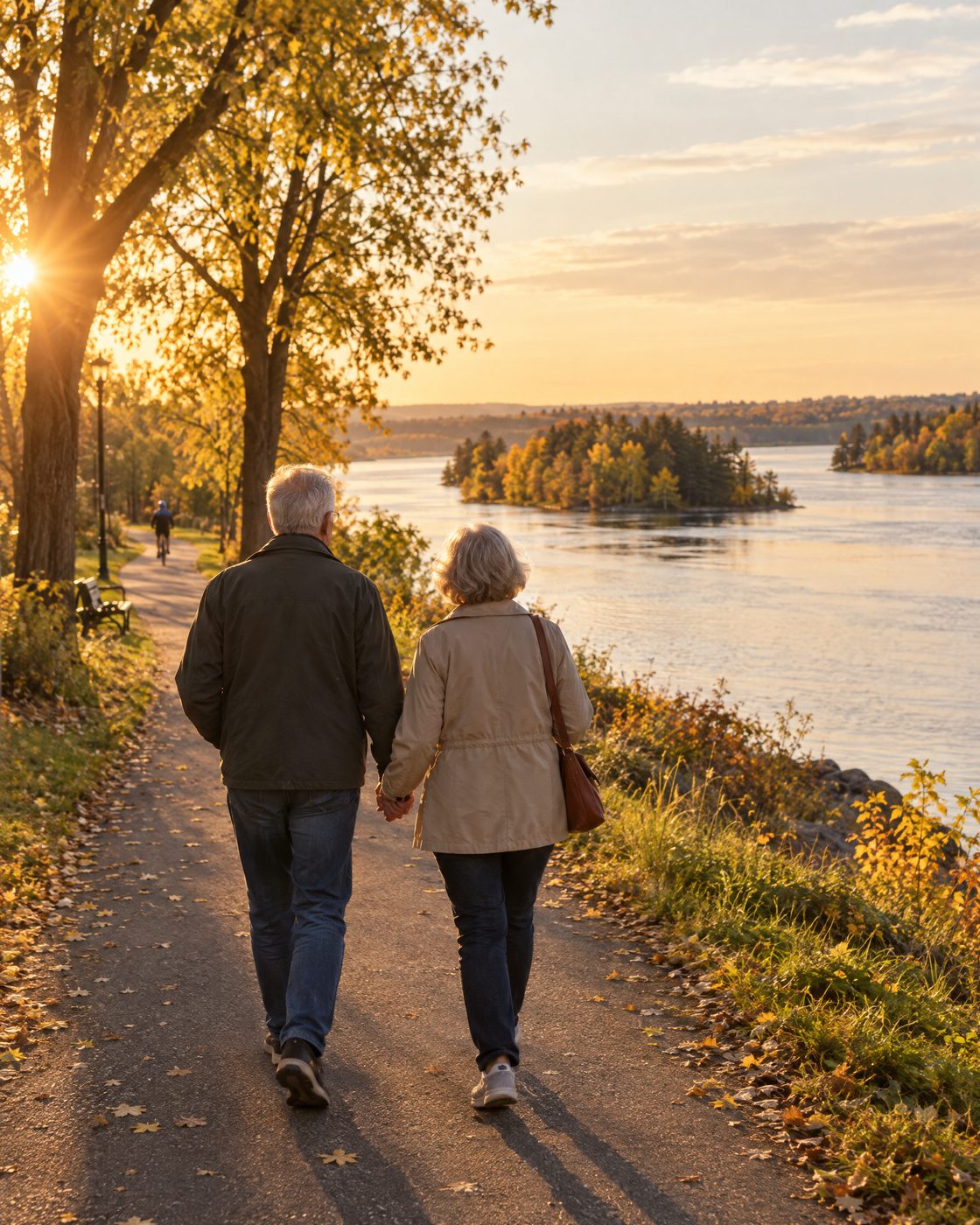 Un couple qui se promène main dans la main au bord de la rivière