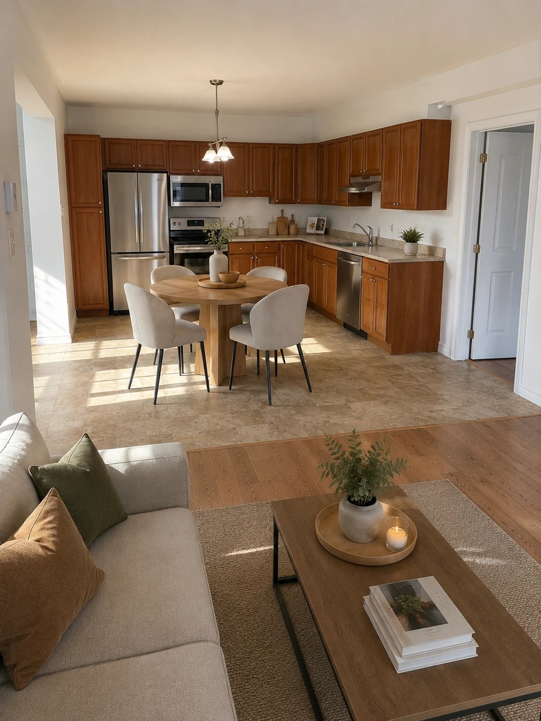 Cuisine et coin repas ouverts sur le salon (aménagement virtuel)