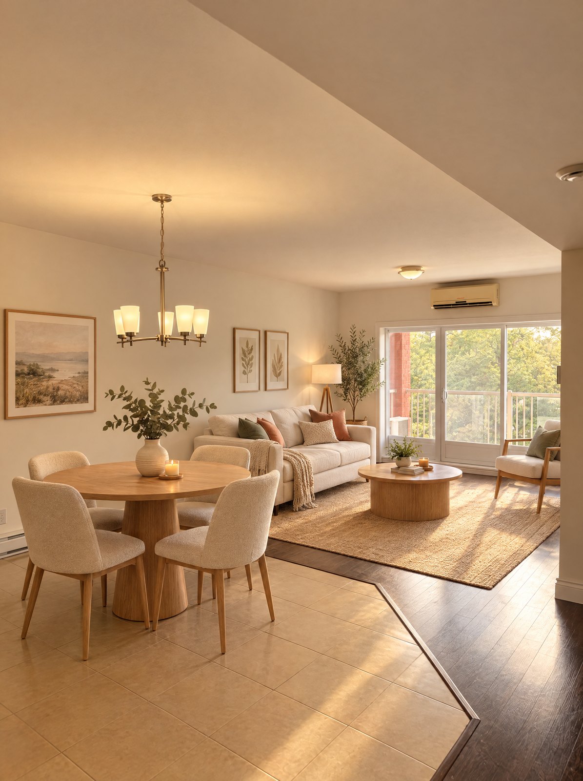 Salle à manger et salon avec porte-patio donnant sur les arbres (aménagement virtuel)