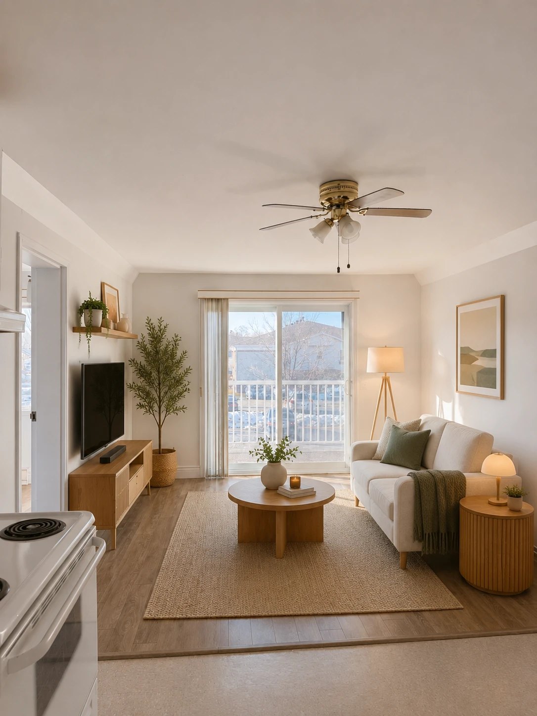Salon lumineux avec porte-patio et balcon (aménagement virtuel)
