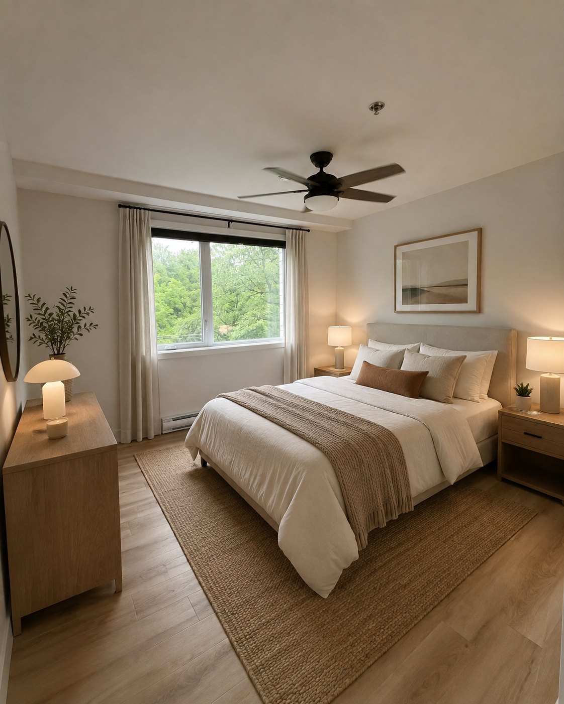Chambre avec grande fenêtre sur les arbres (aménagement virtuel)