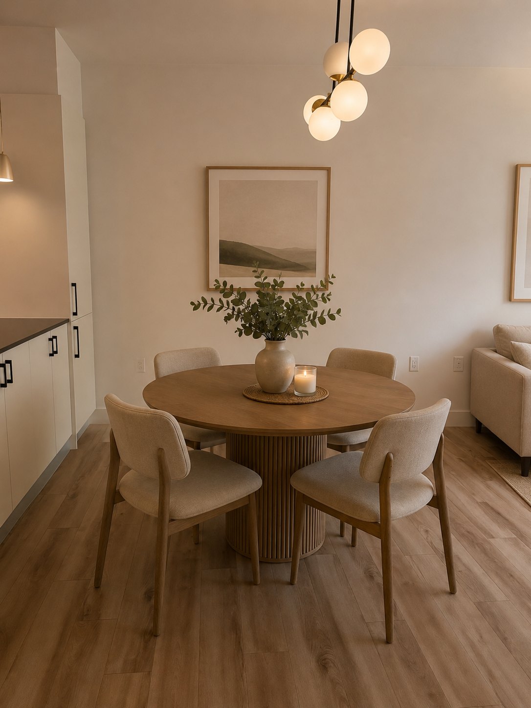 Coin repas ouvert sur la cuisine et le salon (aménagement virtuel)
