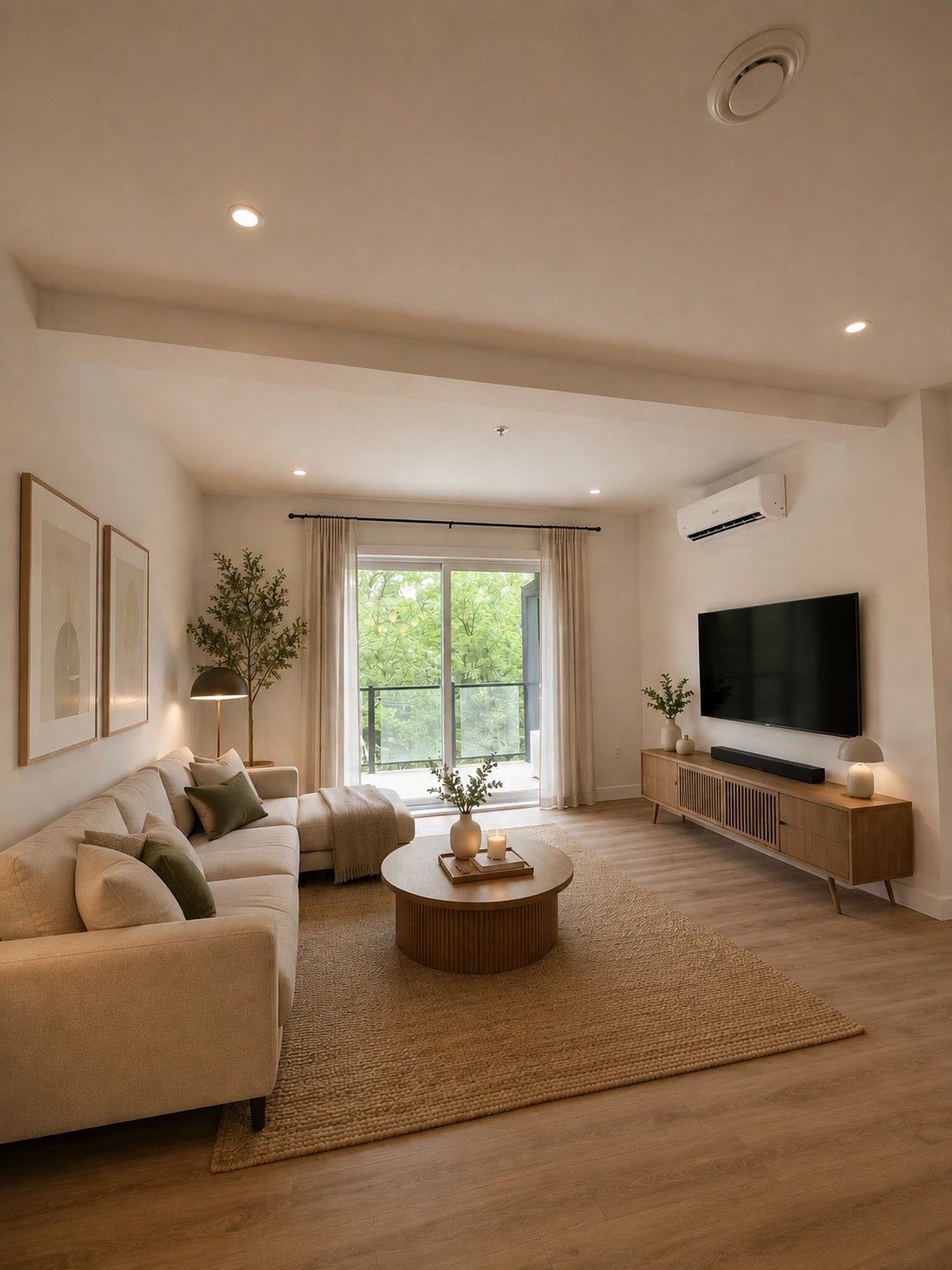 Salon lumineux avec porte-fenêtre sur le balcon, aux Jardins de la Rivia