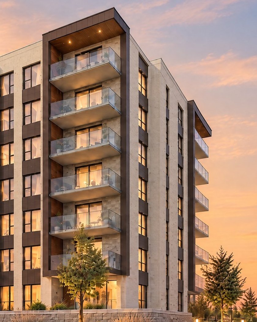 Les Jardins de la Rivia II, balcons vitrés et soffites éclairés au coucher du soleil (rendu)